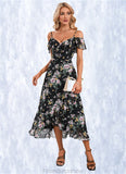 Mallory Floral Print Cold Shoulder Elegant A-line Chiffon Asymmetrical Dresses STKP0022369