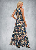 Allison Ruffle Floral Print High Neck Elegant A-line Polyester Asymmetrical Dresses STKP0022373