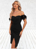 Christine Faux Feather Off the Shoulder Elegant Sheath/Column Polyester Midi Dresses STKP0022381