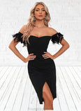 Christine Faux Feather Off the Shoulder Elegant Sheath/Column Polyester Midi Dresses STKP0022381