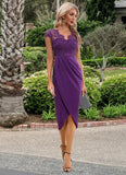 Brenna Pleated V-Neck Elegant Sheath/Column Polyester Asymmetrical Dresses STKP0022391