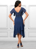 Skyla A-line V-Neck Tea-Length Chiffon Lace Cocktail Dress With Cascading Ruffles STKP0022430