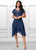 Skyla A-line V-Neck Tea-Length Chiffon Lace Cocktail Dress With Cascading Ruffles STKP0022430