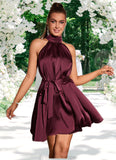 Alissa Ruffle High Neck Elegant A-line Satin Mini Dresses STKP0022436