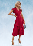 Virginia Cascading Ruffles V-Neck Elegant A-line Cotton Blends Midi Dresses STKP0022444