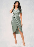 Esperanza Sheath/Column V-Neck Asymmetrical Satin Cocktail Dress With Bow STKP0022488