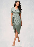 Esperanza Sheath/Column V-Neck Asymmetrical Satin Cocktail Dress With Bow STKP0022488