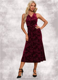 Courtney Flower V-Neck Elegant A-line Velvet Midi Dresses STKP0022504