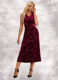 Courtney Flower V-Neck Elegant A-line Velvet Midi Dresses STKP0022504