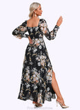 Kara Floral Print Off the Shoulder Elegant A-line Chiffon Maxi Dresses STKP0022515