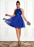 Brooke Sequins Halter Elegant A-line Tulle Sequin Mini Dresses STKP0022523