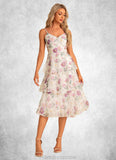 Campbell A-line V-Neck Tea-Length Chiffon Bridesmaid Dress With Cascading Ruffles Floral Print STKP0022567