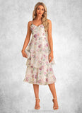 Campbell A-line V-Neck Tea-Length Chiffon Bridesmaid Dress With Cascading Ruffles Floral Print STKP0022567