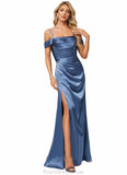 Jaden A-line Cold Shoulder Floor-Length Stretch Satin Bridesmaid Dress With Ruffle STKP0022578