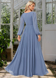 Camila A-line V-Neck Floor-Length Chiffon Bridesmaid Dress STKP0022579