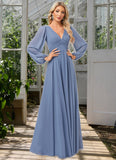 Camila A-line V-Neck Floor-Length Chiffon Bridesmaid Dress STKP0022579