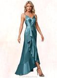 Livia A-line V-Neck Asymmetrical Stretch Satin Bridesmaid Dress With Ruffle STKP0022584