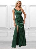 Veronica A-line V-Neck Floor-Length Stretch Satin Bridesmaid Dress STKP0022590