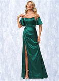 Payten A-line Off the Shoulder Floor-Length Stretch Satin Bridesmaid Dress STKP0022596