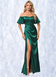 Payten A-line Off the Shoulder Floor-Length Stretch Satin Bridesmaid Dress STKP0022596