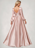 Precious A-line V-Neck Floor-Length Stretch Satin Bridesmaid Dress STKP0022597