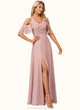 Carla A-line Cold Shoulder Floor-Length Chiffon Bridesmaid Dress With Ruffle STKP0022599