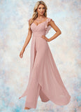 Donna Jumpsuit/Pantsuit V-Neck Floor-Length Chiffon Bridesmaid Dress With Ruffle STKP0022600