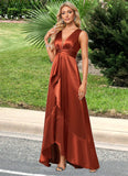 Mareli A-line V-Neck Asymmetrical Stretch Satin Bridesmaid Dress With Ruffle STKP0022606