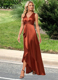 Mareli A-line V-Neck Asymmetrical Stretch Satin Bridesmaid Dress With Ruffle STKP0022606