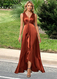 Mareli A-line V-Neck Asymmetrical Stretch Satin Bridesmaid Dress With Ruffle STKP0022606