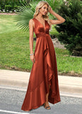 Mareli A-line V-Neck Asymmetrical Stretch Satin Bridesmaid Dress With Ruffle STKP0022606