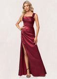 June A-line Square Floor-Length Stretch Satin Bridesmaid Dress STKP0022607