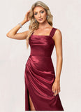 June A-line Square Floor-Length Stretch Satin Bridesmaid Dress STKP0022607