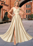 Urania A-line V-Neck Floor-Length Satin Bridesmaid Dress STKP0022612