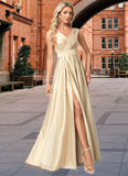 Urania A-line V-Neck Floor-Length Satin Bridesmaid Dress STKP0022612