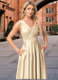 Urania A-line V-Neck Floor-Length Satin Bridesmaid Dress STKP0022612