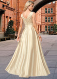 Urania A-line V-Neck Floor-Length Satin Bridesmaid Dress STKP0022612