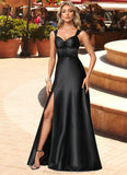 Gertie A-line V-Neck Floor-Length Stretch Satin Bridesmaid Dress With Bow STKP0022615