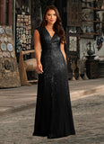 Kennedi A-Line V-Neck Ruched Sequins Floor-Length Dress STKP0022637