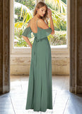 Karlie A-Line V-neck Ruched Mesh Floor-Length Dress Eucalyptus STKP0022714