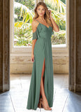 Karlie A-Line V-neck Ruched Mesh Floor-Length Dress Eucalyptus STKP0022714