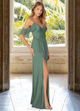 Karlie A-Line V-neck Ruched Mesh Floor-Length Dress Eucalyptus STKP0022714