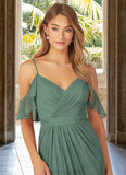 Karlie A-Line V-neck Ruched Mesh Floor-Length Dress Eucalyptus STKP0022714