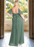 Karlie A-Line V-neck Ruched Mesh Floor-Length Dress Eucalyptus STKP0022714