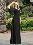 Amiyah A-Line V-Neck Chiffon Floor-Length Dress black STKP0022718