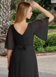 Amiyah A-Line V-Neck Chiffon Floor-Length Dress black STKP0022718