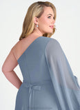 Louisa One Shoulder Sleeve Chiffon A-Line Dress dusty blue STKP0022720