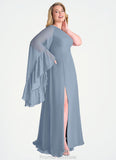 Louisa One Shoulder Sleeve Chiffon A-Line Dress dusty blue STKP0022720