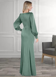 Evangeline Mermaid Long Sleeve Stretch Satin Floor-Length Dress Eucalyptus STKP0022730