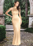 Roberta Sheath High Neck Metallic Satin Floor-Length Dress Gold STKP0022748